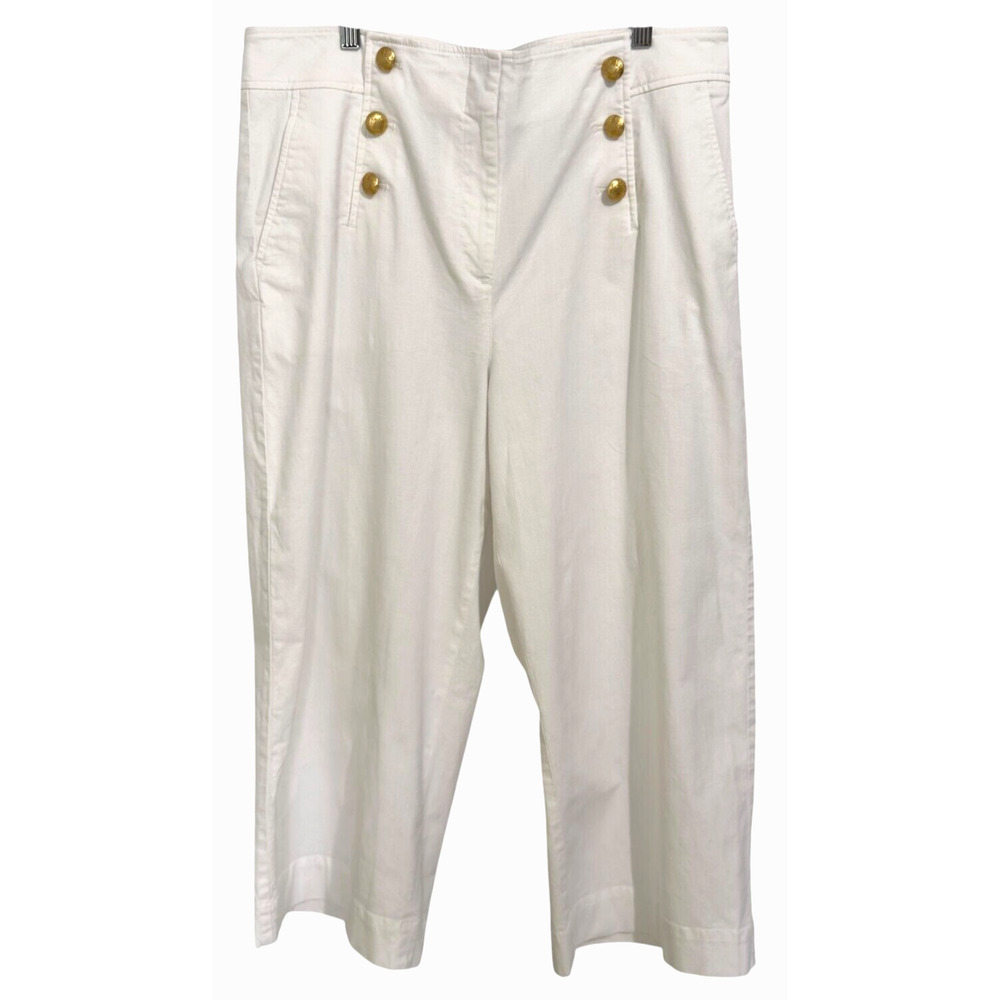 Talbots Womens Cotton Slub Sailor Crop Pants Sz 16 Gold Buttons Wide Leg